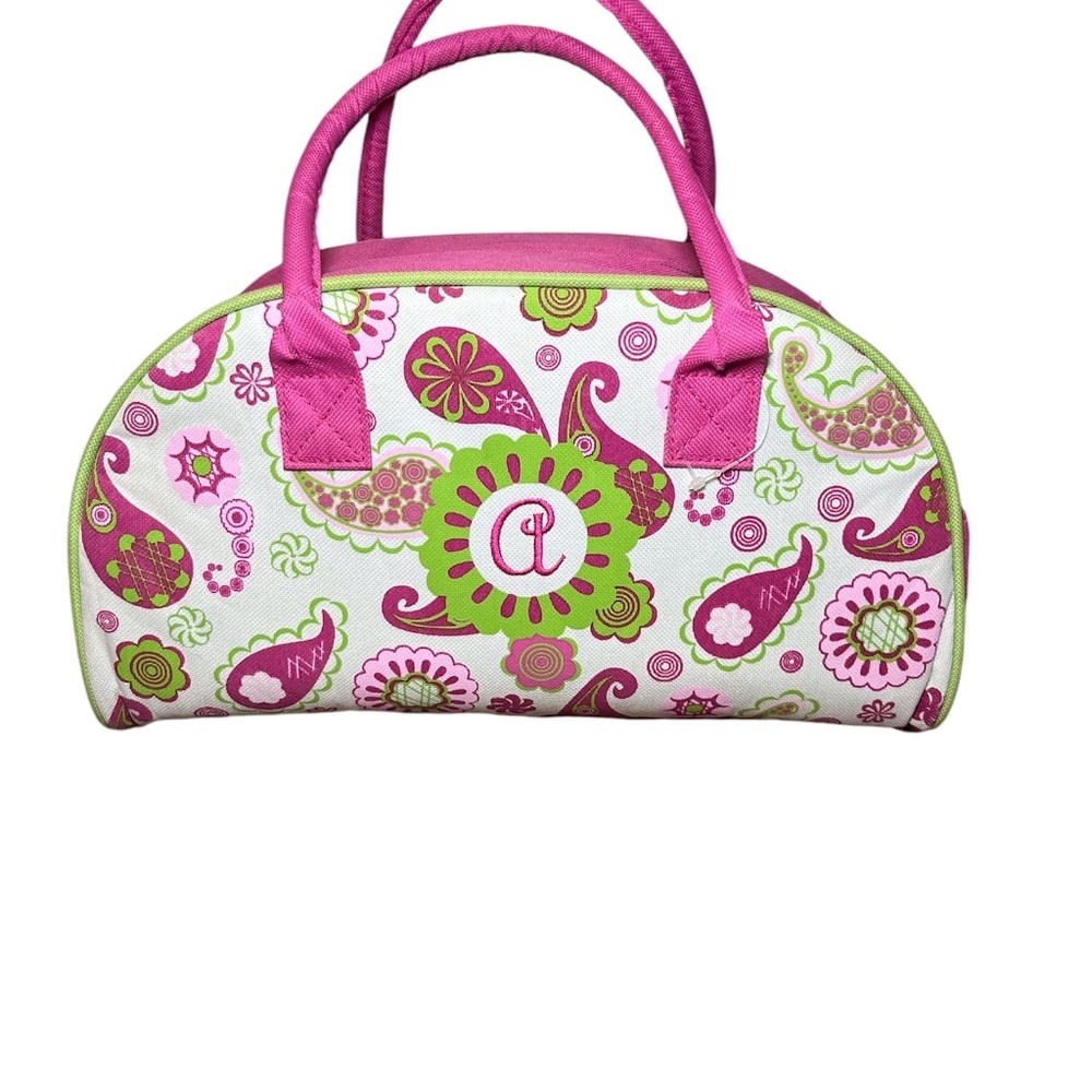 New Pink & Green Floral Print Canvas Initial "A" Insulated Lunch/ Makeup Bag - Picture 2 of 7